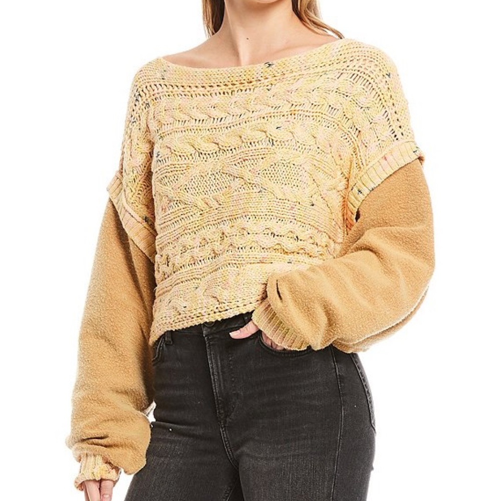 Free People Honey Cable Knit Mixed Media Pullover